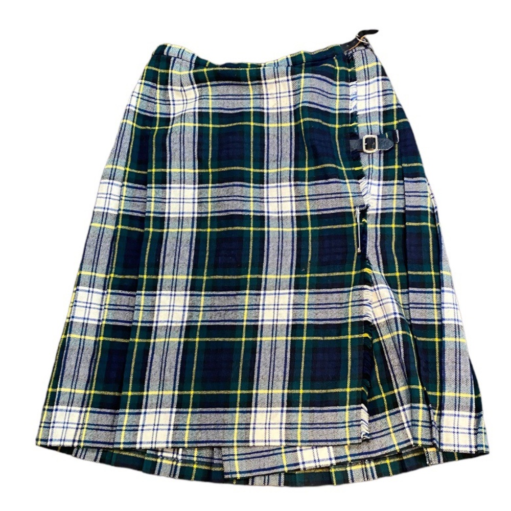 Vintage 90s Macy Associates Scotland Wool Tartan Wrap Skirt Kilt Big Safety Pin